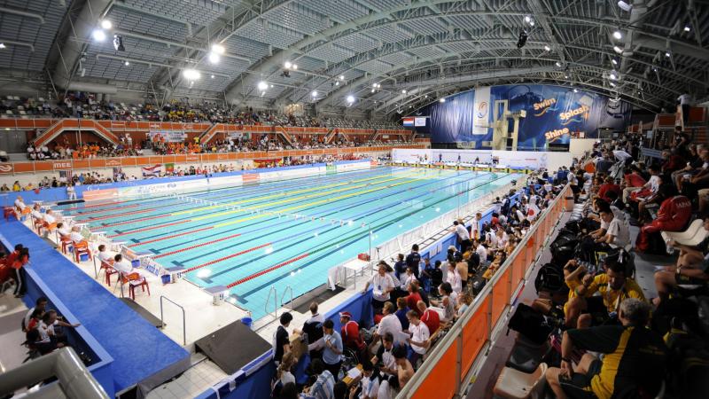 An aerial picture of a pool