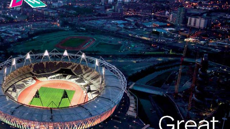Cover photo of the magazine Paralympian showing a general aerial view of the Olympic Stadium in London with the text: Great Expectations, London 2012 will be a milestone in the Paralympic Movement.