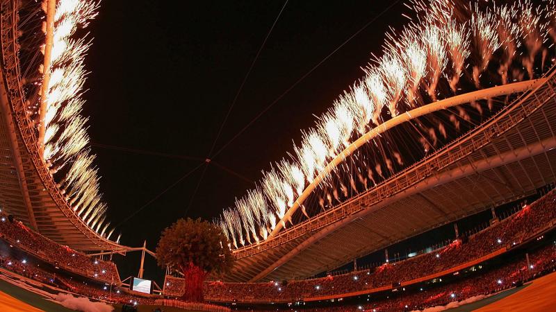 The firework during the Athens 2004 Paralympic Games' Opening Ceremony A picture of a firework in a stadium