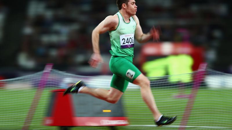 The Irish runner Jason Smyth competes in the men's 100m - T13 heats at the London 2012 Paralympic Games.