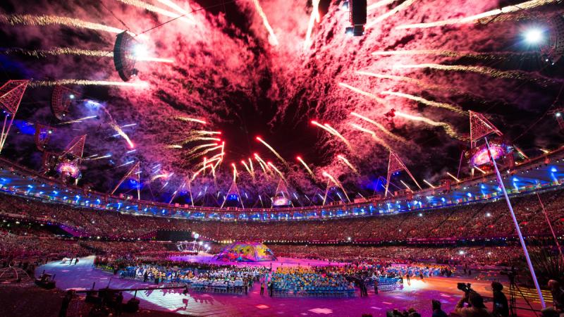 A picture of a firework in a stadium