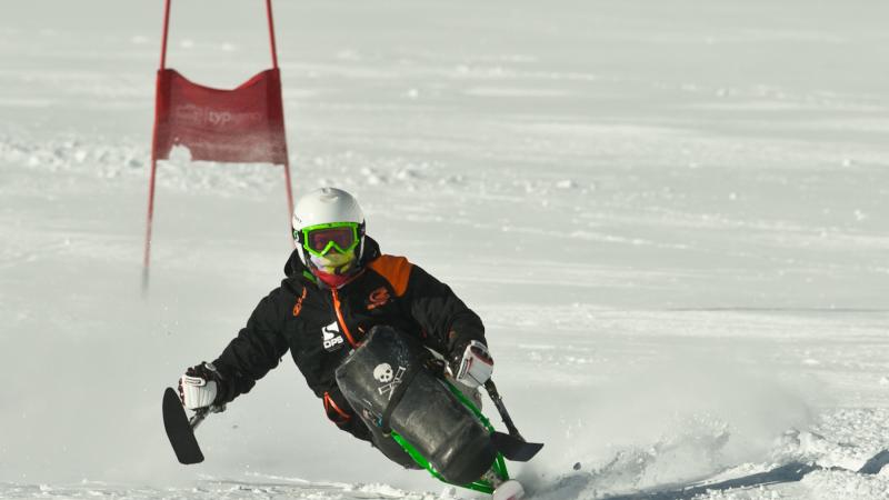 A picture of man in a sldge skiing