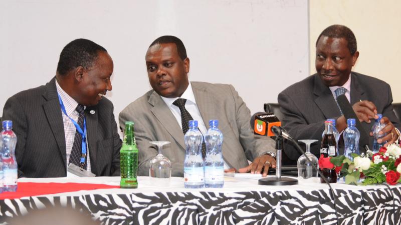 Hassan Wario talks on a podium at the Opening Ceremony