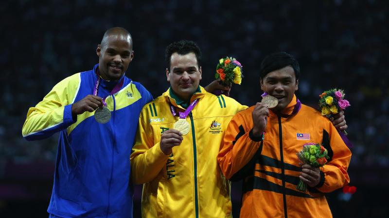 The winners of the Men's Shot Put F20 Final at the London 2012 Paralympic Games show their medals