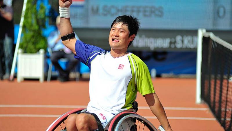 Wheelchair tennis player Shingo Kunieda of Japan celebrates