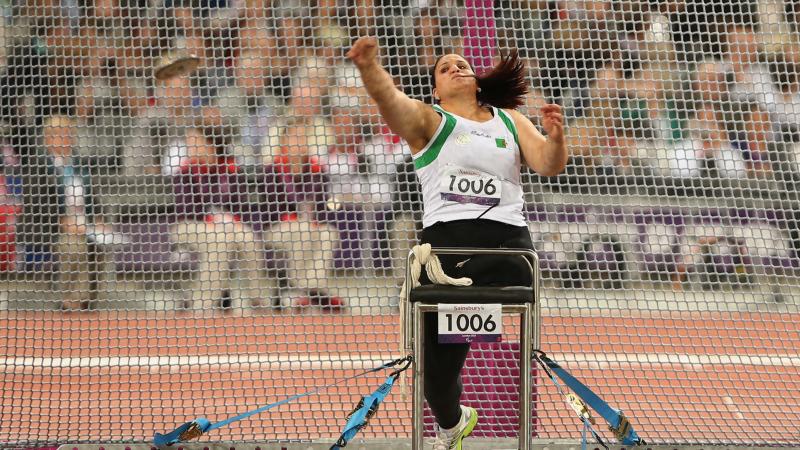 Nassima Saifi of Algeria competes in the Women's Discus Throw - F57/58 Final at the London 2012 Paralympic Games