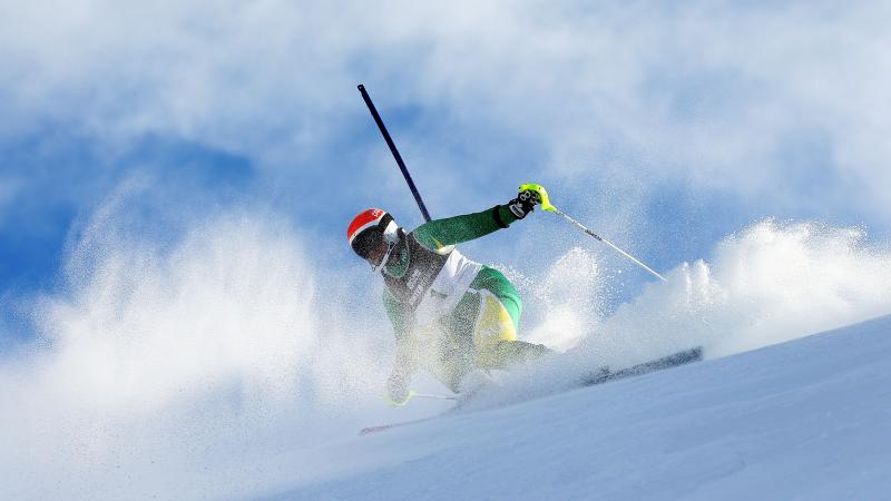 Melissa Perrine of Australia competes in the Womens Slalom Visually Impaired 