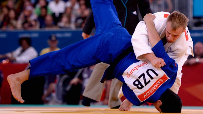 Dmytro Solovey of Ukraine and Sharif Khalilov of Uzbekistan compete in the Men's 73kg Gold Medal Contest at the London 2012 Paralympic Games