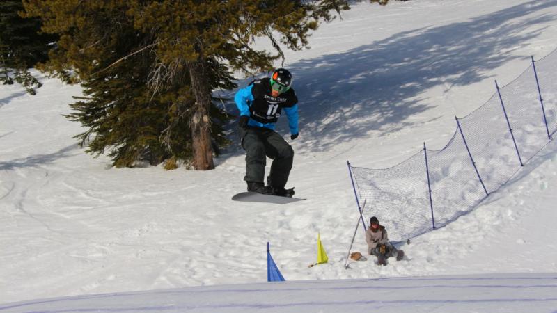 Para-snowboarder Matthew Robinson competing at Big White, Canada, in January 2014.