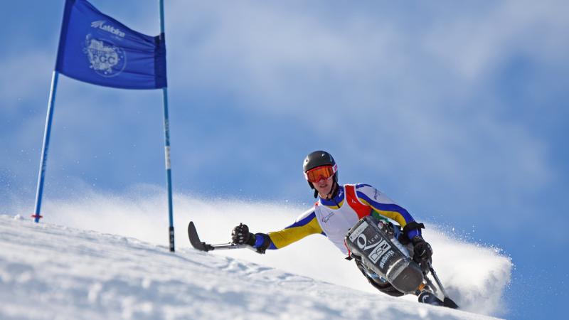 Igor Sikorski in his sit ski at a downhill event. 