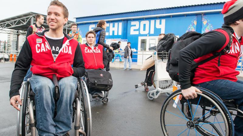 Marc Dorion and Brad Bowden from the Team Canada Sledge Hockey Team arrive in Sochi for the 2014 Paralympic Winter Games.