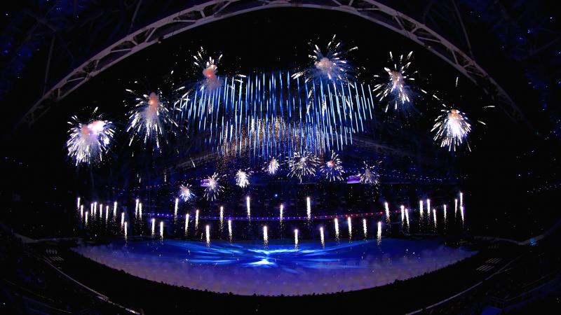 Fireworks go off to mark the beginning of the Opening Ceremony of the Sochi 2014 Paralympic Winter Games