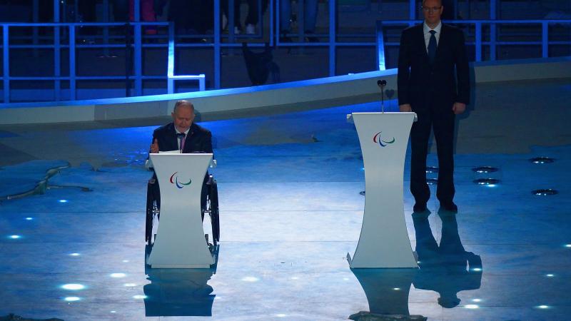 Sir Phillip Craven, IPC president speaks during the Opening Ceremony of the Sochi 2014 Paralympic Winter Games