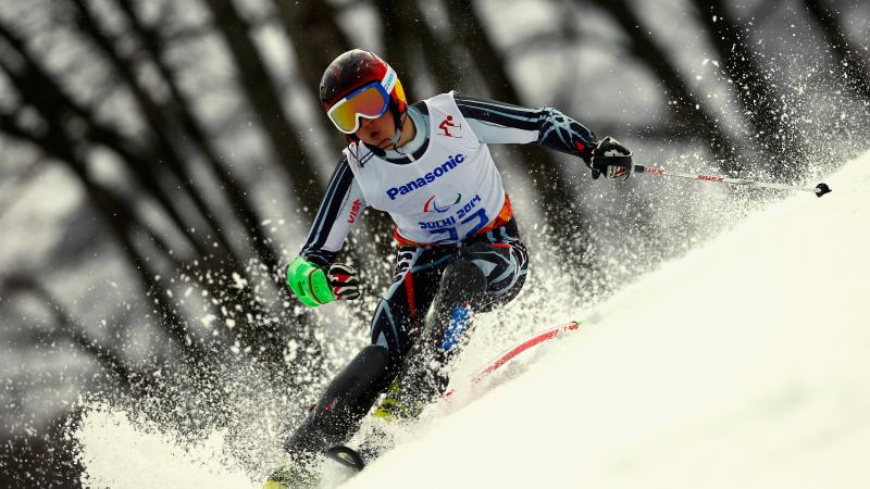 Alexey Bugaev passes a slalom pole in a race in a tilted position