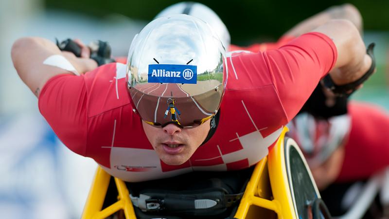 Marcel Hug powers to victory in the 2014 IPC Athletics Grand Prix in Nottwil, Switzerland.