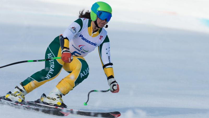 Australia's Melissa Perrine competes in the women's visually impaired super-G at the Sochi Paralympic Games 2014 