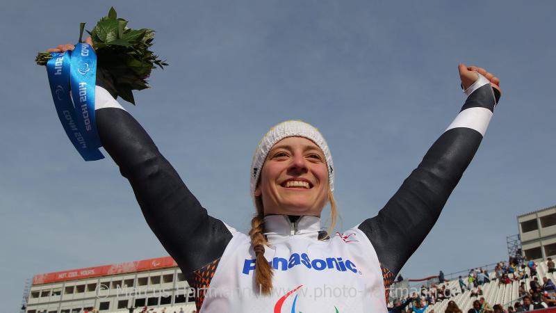 Anna Schaffelhuber, Germany celebrates her gold medal in the women's super-G 