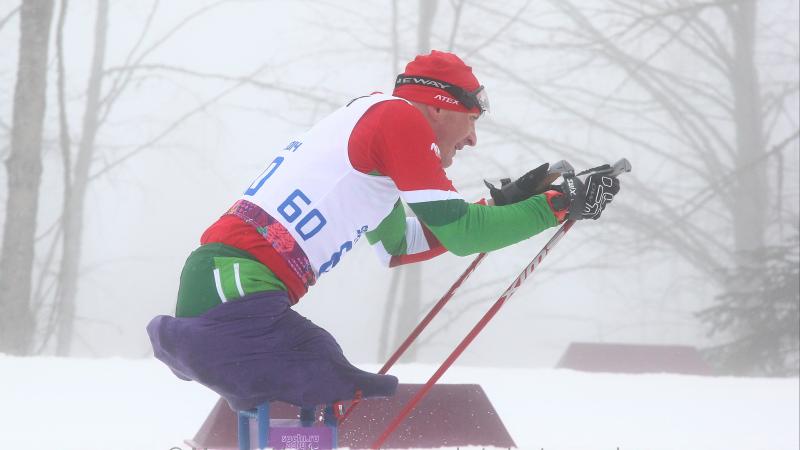 a male Para skier plants his poles in the snow