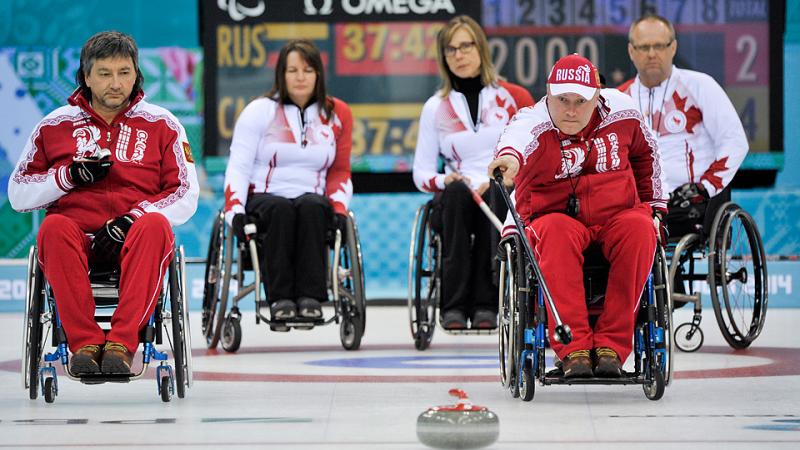 Andrey Smirnov - Sochi 2014 Paralympic Winter Games Wheelchair Curling Gold (RUS vs CAN) Andrey Smirnov delivery for Russia