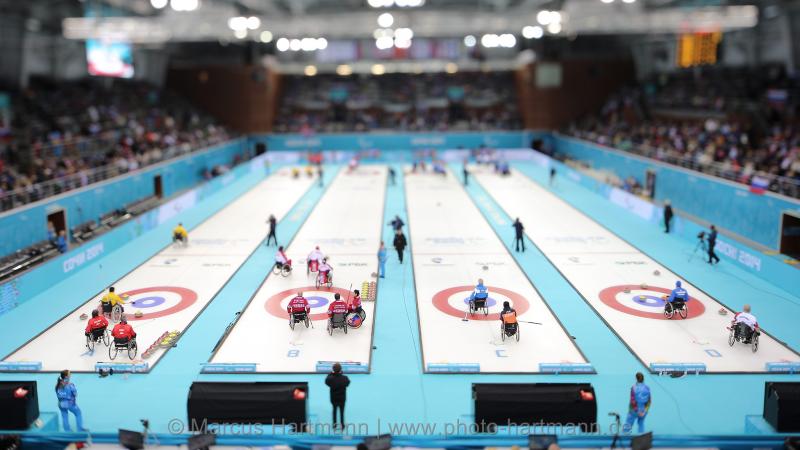 Athletes compete in the Sochi 2014 Paralympic Winter Games wheelchair curling competition.