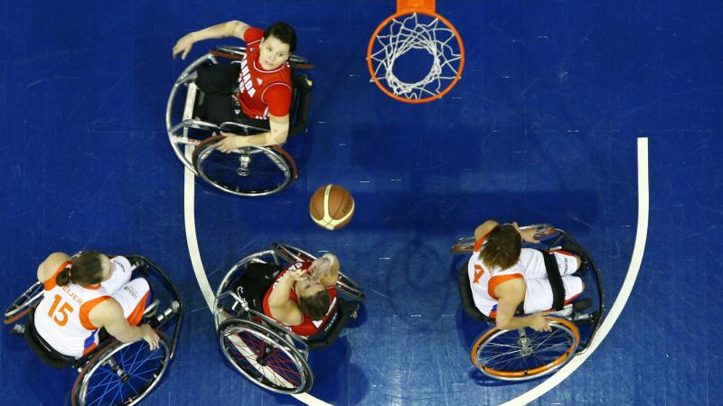 Tracey Ferguson #12 of Team Canada puts up a two pointer in Semi Final action against Team Netherlands at the 2014 Women's World Wheelchair Basketball Championships in Toronto, Canada.