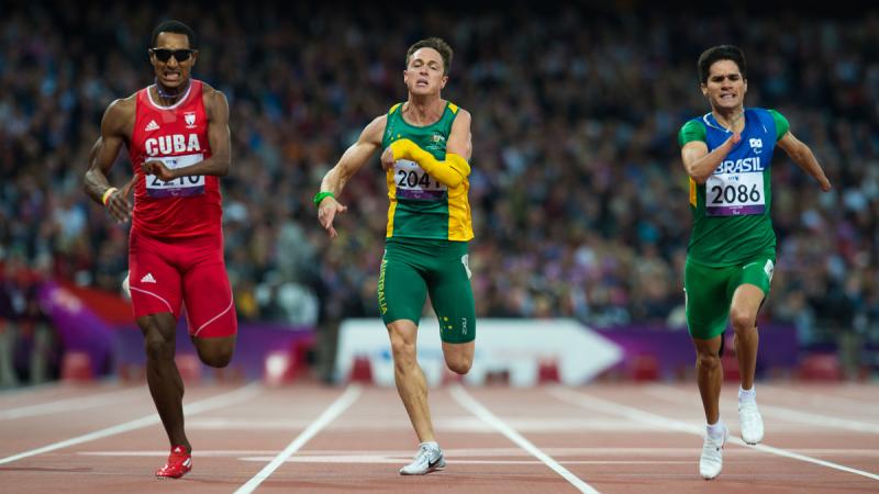 GONZALEZ ISIDORIA Raciel (CUB) - PATMORE Simon(AUS) - NASCIMENTO Yohansson (BRA), in Men's 100m T46