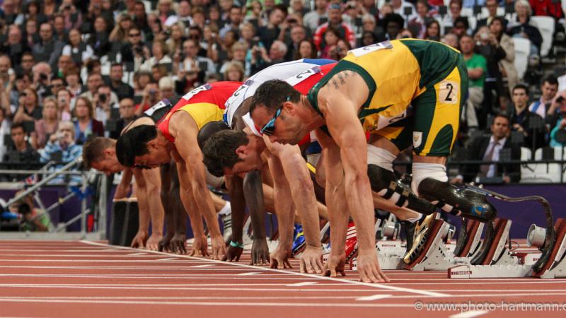 Men's 100m T44 - Athletics - London 2012 Paralympic Games Starting line up in the Men's 100m - T44 Heats