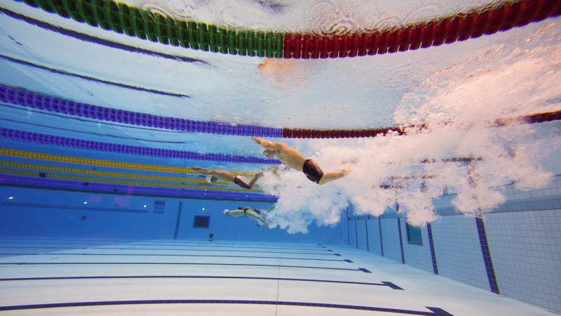 Under water shot of men's race, diving