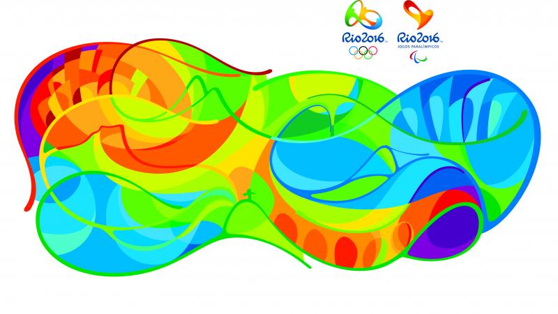 Swirly pattern of birghts colours depicting the landmarks of Rio.