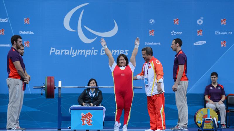 China's Yujiao Tan of China celebrates winning silver in the women's -67.50 kg powerlifting at the London 2012 Paralympic Games.