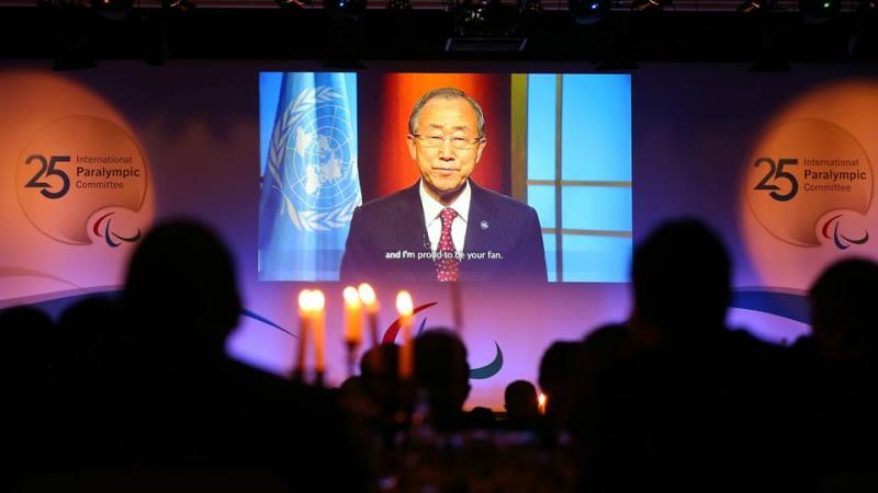 UN Secretary General Ban Ki-moon delivers a video message to the IPC Gala Dinner in Berlin, celebrating 25 years of the organisation.