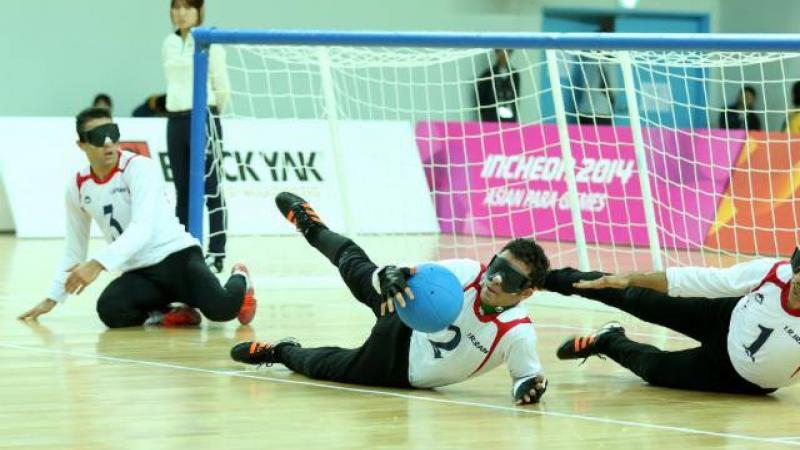 Players from the Iranian goalball team play in the goal medal match at the Incheon 2014 Asian Para Games.