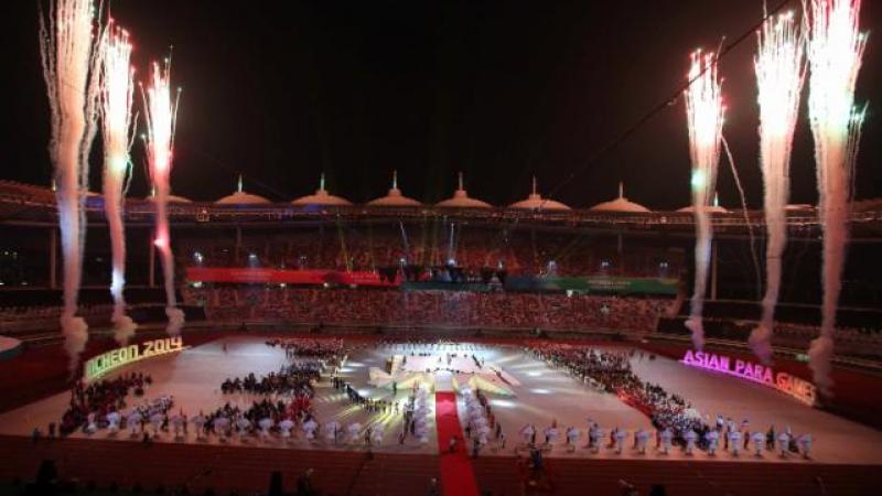 fireworks exploding at the Closing Ceremony of the Asian Para Games