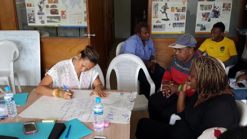 People sitting around a table, writing on a big sheet of paper