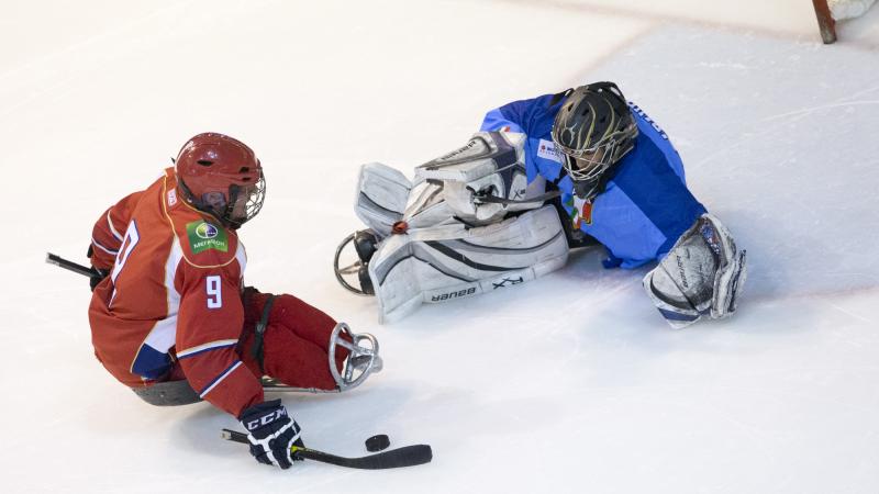 Ice Sledge Hockey player and goalkeeper face each other in a match.