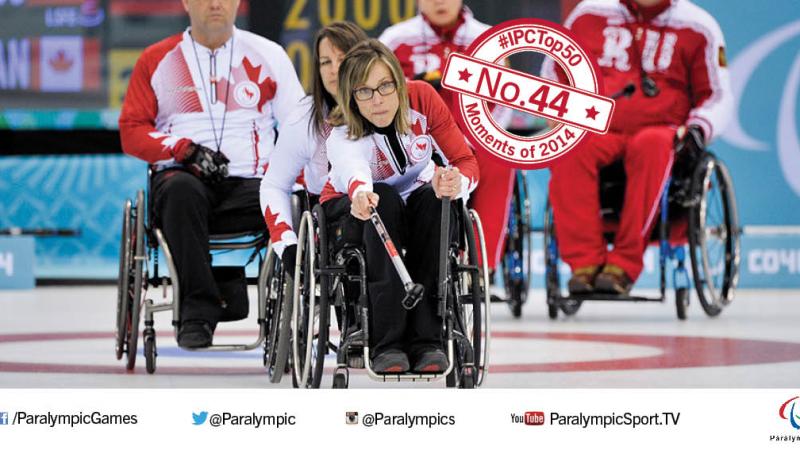 A curling team playing on the ice.