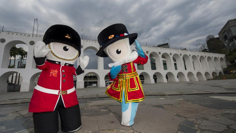 London 2012 mascots Mandeville and Wenlock visit the Rio district of Lapa