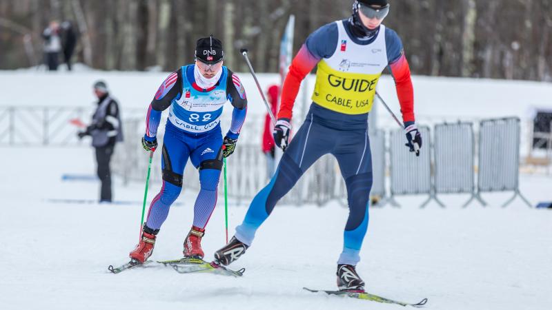 Vladimir Udaltcov and guide Ruslan Bogachev compete in the men's cross-country sprint visually impaired at Cable 2015.