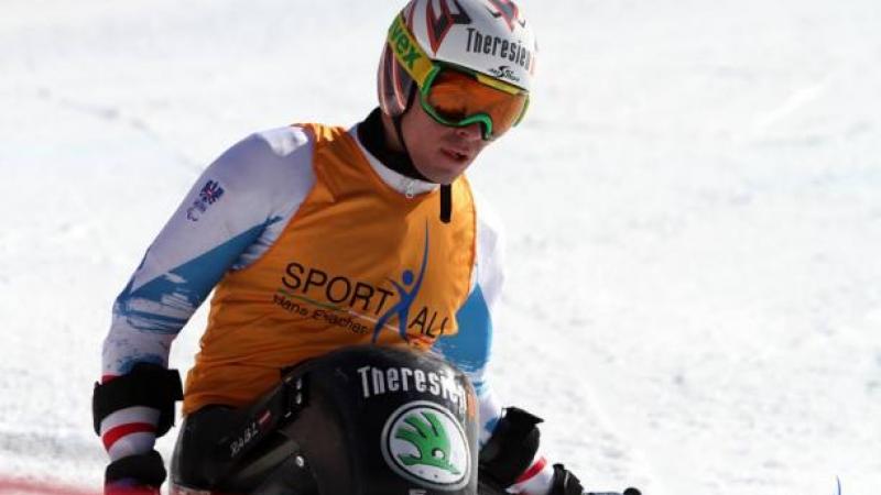 Men in sit ski looking focused, wearing helmet