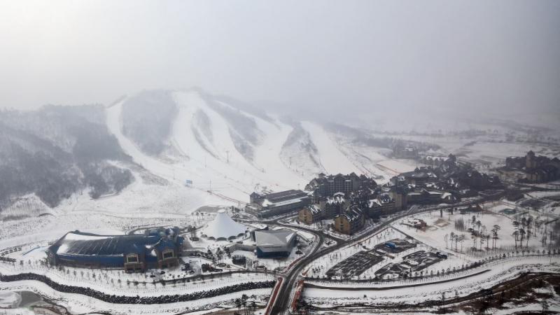 The Alpensia Resort is seen from above on February 10, 2015 in the mountain cluster of Pyeongchang, South Korea.