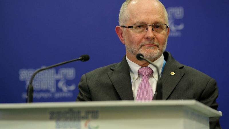 Sir Philip Craven the President of the International Paralympic Committee speaks to the International Paralympic Committee Governing Board prior to the Opening Ceremony of the Sochi 2014 Paralympic Winter Games.