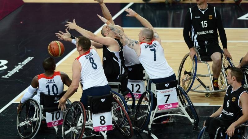 Action from the Wheelchair Basketball match between Great Britain and Germany at the London 2012 Paralympic Games