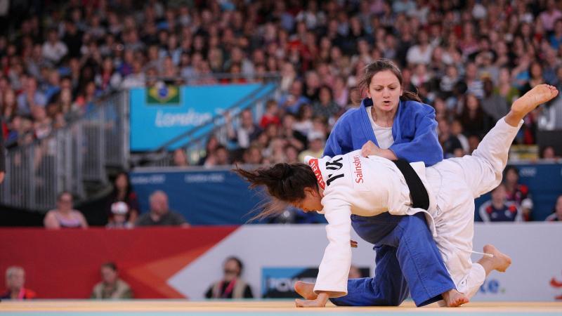 Afag Sultanova of Azerbaijan (blue) defeated Duygu Cete of Turkey in women's -57kg semi-final judo match on her way to the gold medal at the London 2012 Paralympic Games.