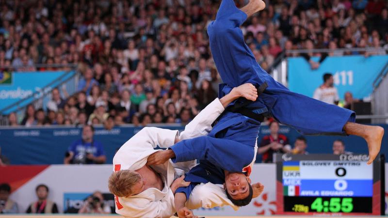 Dmytro Solovey of Ukraine (white) defeated Eduardo Avila Sanchez of Mexico in their -73kg semi-final match on his way to the gold medal at the London 2012 Paralympic Games.