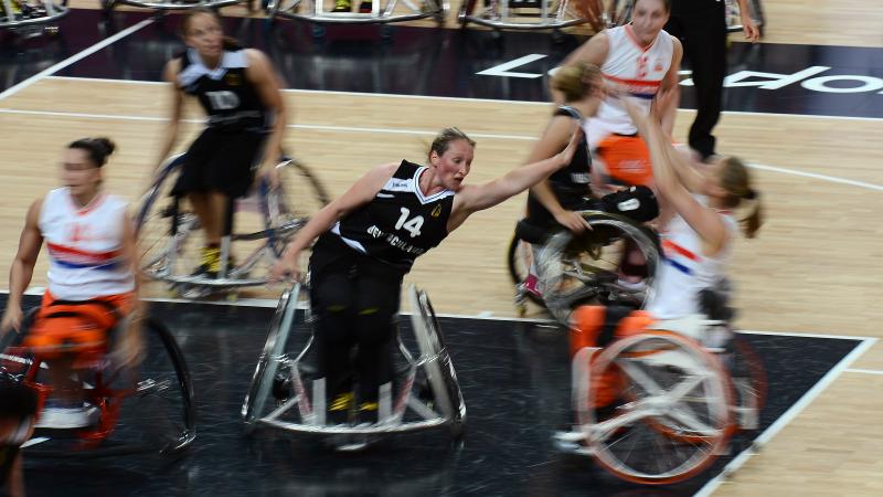Action during the Women's Wheelchair Basketball semifinal between the Netherlands and Germany at the London 2012 Paralympic Games
