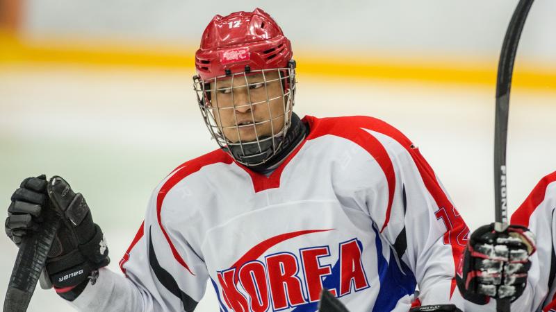 South Korea's Young-Sung Kim in action at the 2015 IPC Ice Sledge Hockey World Championships B-Pool.