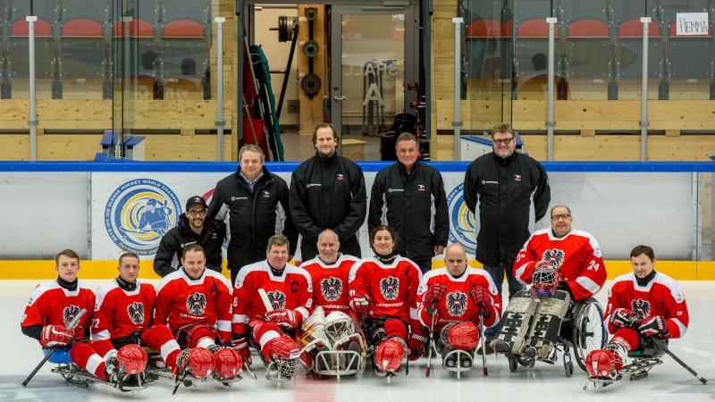 The Austrian Ice Sledge Hockey team at the 2015 IPC Ice Sledge Hockey World Championships B-Pool in Ostersund, Sweden.