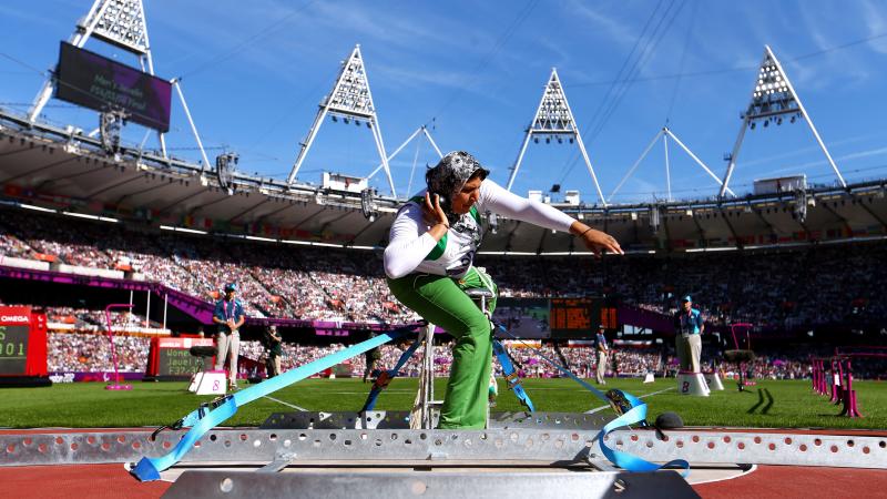 Safia Djelal of Algeria competes in the Women's Shot Put F57/58 final at the London 2012 Paralympic Games
