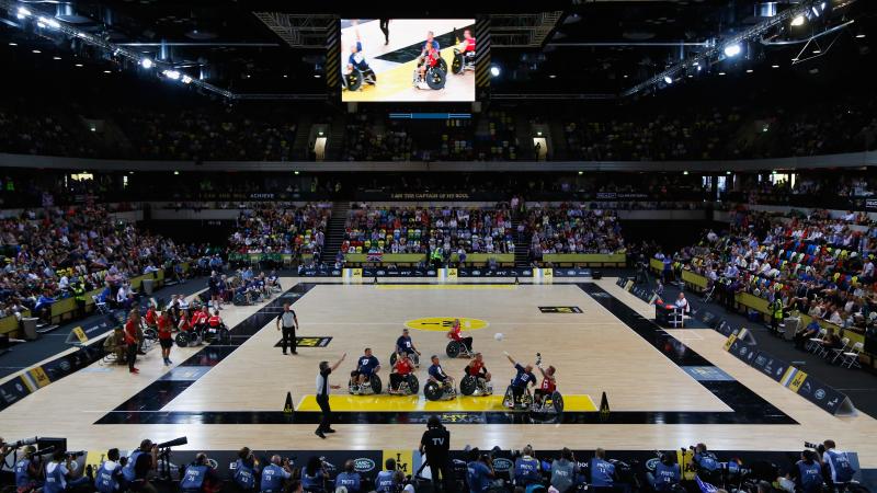 A general view of the action during the Wheelchair Rugby Bronze medal match between Denmark and Australia at the 2014 Invictus Games in London, Great Britain