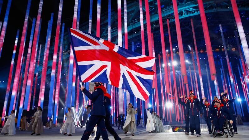 Great Britain enters the arena lead by flag bearer Millie Knight during the Opening Ceremony of the Sochi 2014 Paralympic Winter Games